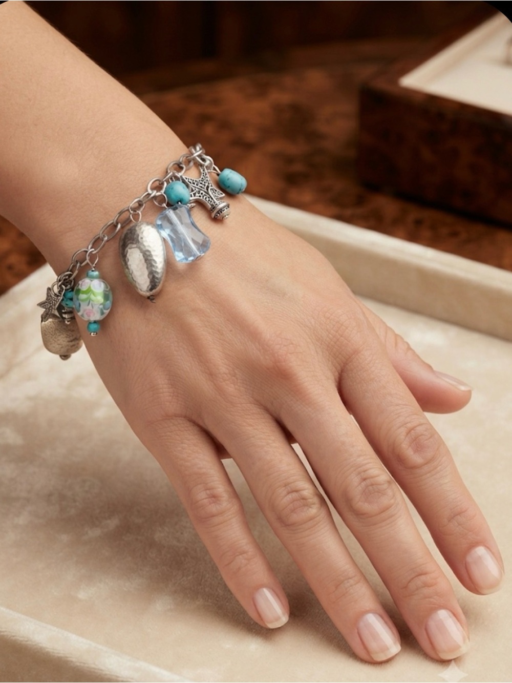 Turquoise and Silver color Charm Bracelet - Women Jewelry